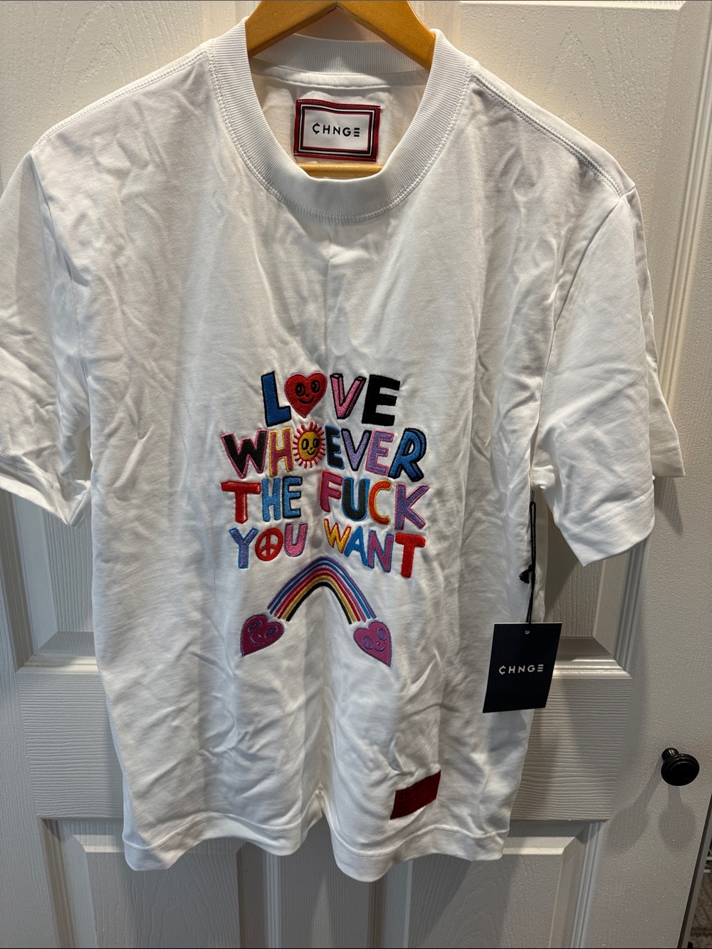 🌈🌈CHNGE 🌈🌈White Tee with Colorful Embroidered Slogan